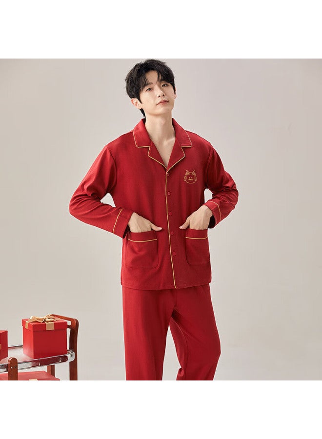 Kj New Men's Pajamas Long Sleeve Long Pants Casual Cardigan High-end Homewear Men's Red Gift Box For Birth Year Gift To Boyfriend - Image 4