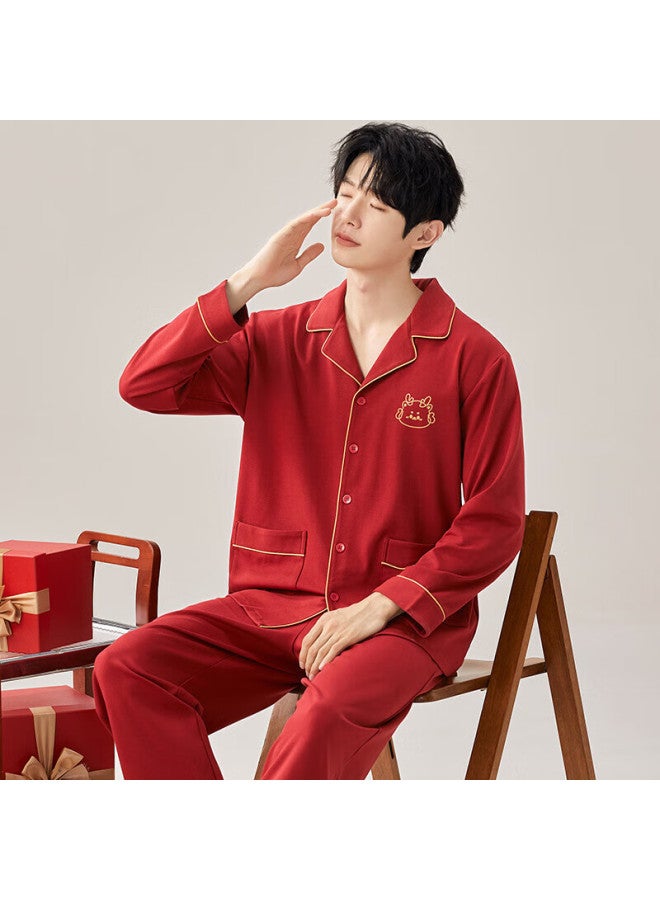 Kj New Men's Pajamas Long Sleeve Long Pants Casual Cardigan High-end Homewear Men's Red Gift Box For Birth Year Gift To Boyfriend - Image 2