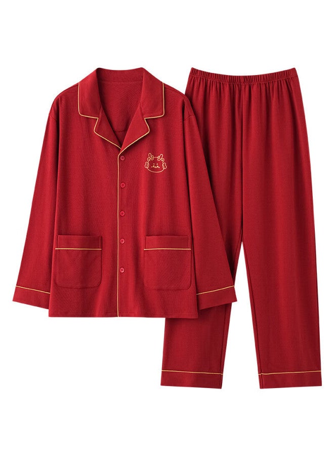 Kj New Men's Pajamas Long Sleeve Long Pants Casual Cardigan High-end Homewear Men's Red Gift Box For Birth Year Gift To Boyfriend - Image 5