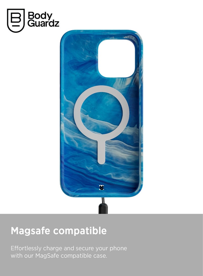 Bodyguardz Carve Marble for iPhone 15 PRO Case Cover compatible with MagSafe with Lanyard - Blue/White - Image 4