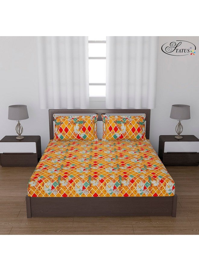 Status Contract Cotton Rich Jaipuri Rajasthani Double Bedsheet with 2 Pillow Covers for Bed Room, Home, Hotel-120 GSM (Yellow) - Image 1