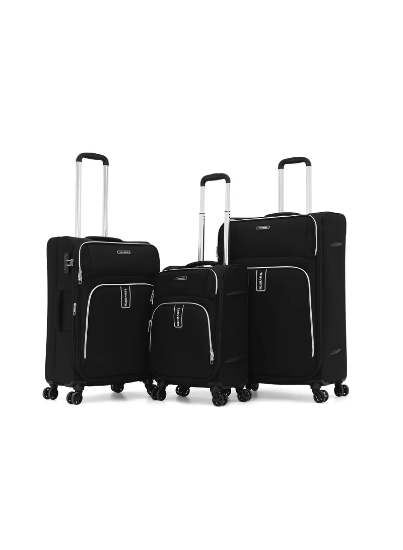 ترافلايت TRAVELITE Luggage Set of 3 – Softshell Trolley Bags with Secure Lock, Multi-Compartment Storage & Spinner Wheels,Black(S-20",M-24",L-28")
