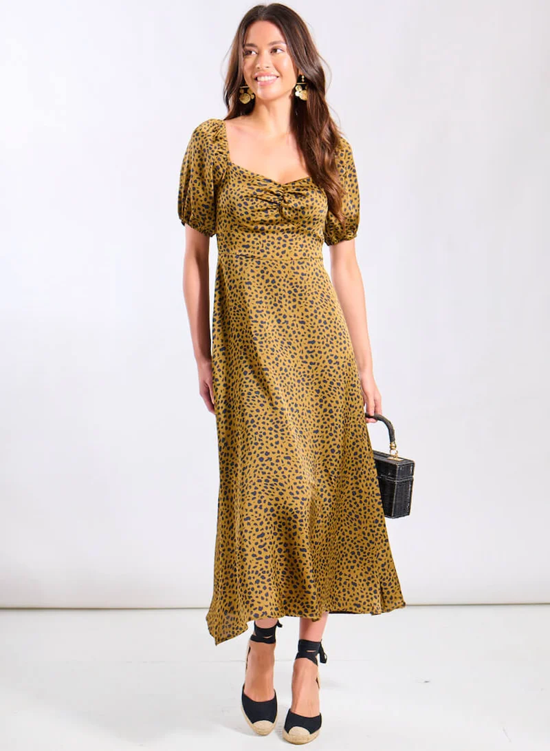 Needs No Label  Brown Animal Satin Sweetheart Neck Midi Dress for Women | Best Price UAE