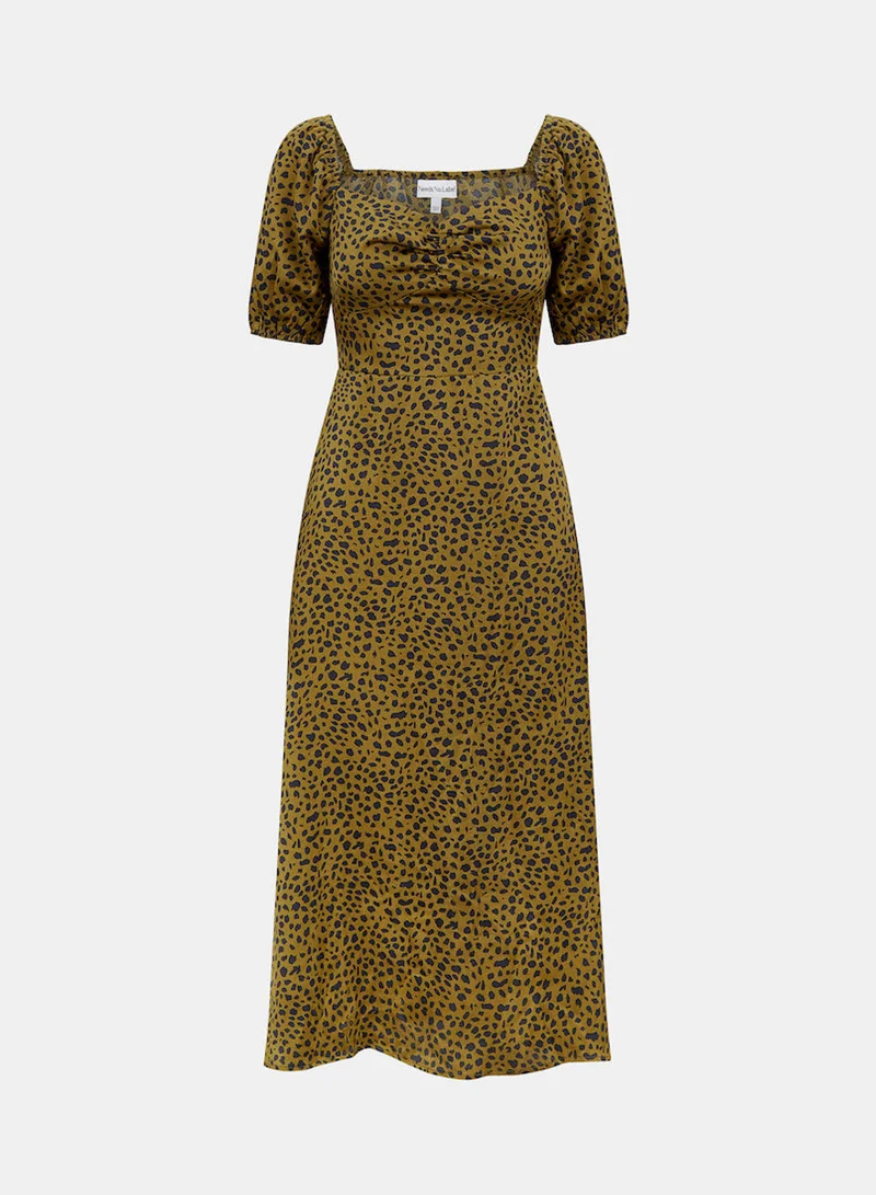 Needs No Label  Brown Animal Satin Sweetheart Neck Midi Dress for Women | Best Price UAE