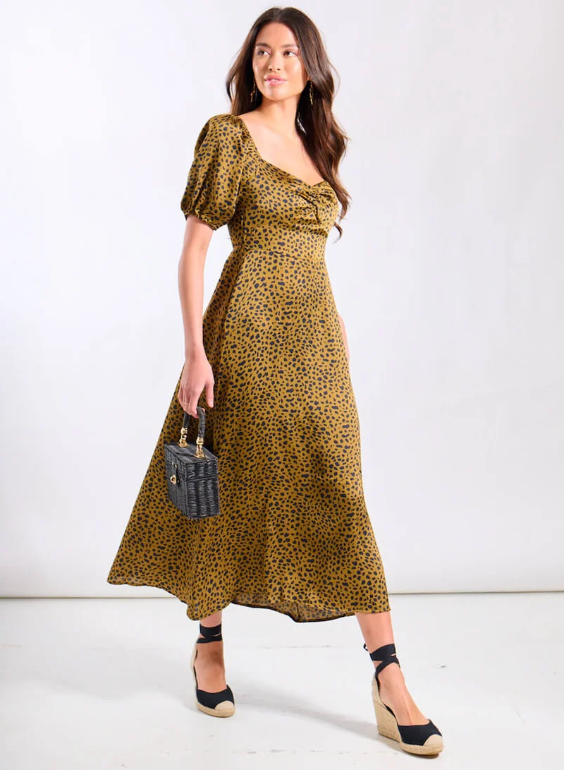 Brown Animal Satin Sweetheart Neck Midi Dress