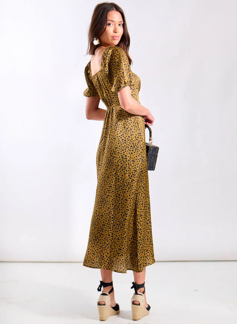 Needs No Label  Brown Animal Satin Sweetheart Neck Midi Dress for Women | Best Price UAE