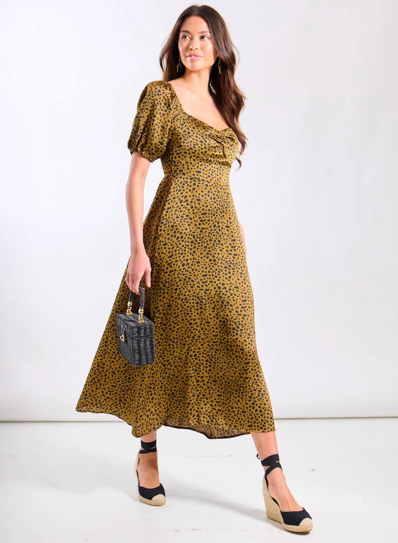 Needs No Label Brown Animal Satin Sweetheart Neck Midi Dress