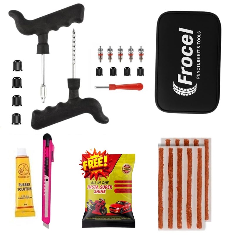 FROCEL Universal Tubeless Tire Puncher Kit Emergency Flat Tire Repair Patch Puncture Kit for Car, Bike, SUV, & Motorcycle with Storage Bag, Plier and 5Pcs Tyre Valve Stem Core & Tool (with 10 Strip) - Image 1