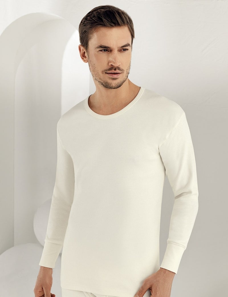 Şahinler Men's White Long Sleeve Crew Neck Interlock Underwear ME016  - Image 1