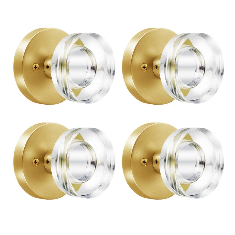 naubea 4 Pack Gold Door Knob Dummy Door Knobs Satin Brass Door Knobs Interior Modern Glass Door Knob Round Crystal Door Knob Brushed Gold Door Handle for Pantry Closet Bifold Door Knob - Image 2