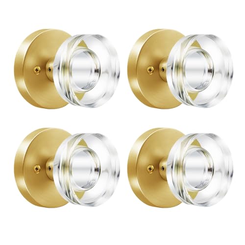naubea 4 Pack Gold Door Knob Dummy Door Knobs Satin Brass Door Knobs Interior Modern Glass Door Knob Round Crystal Door Knob Brushed Gold Door Handle for Pantry Closet Bifold Door Knob - Image 1