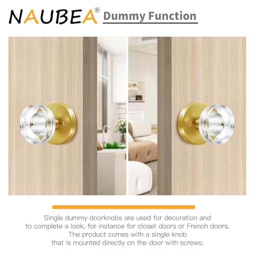 naubea 4 Pack Gold Door Knob Dummy Door Knobs Satin Brass Door Knobs Interior Modern Glass Door Knob Round Crystal Door Knob Brushed Gold Door Handle for Pantry Closet Bifold Door Knob - Image 3