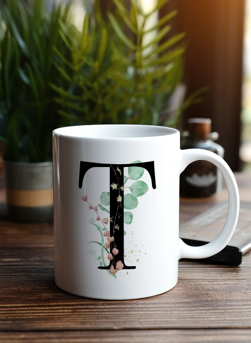 LOWHA 11 oz Ceramic Mug with Letter T Design on Both Sides