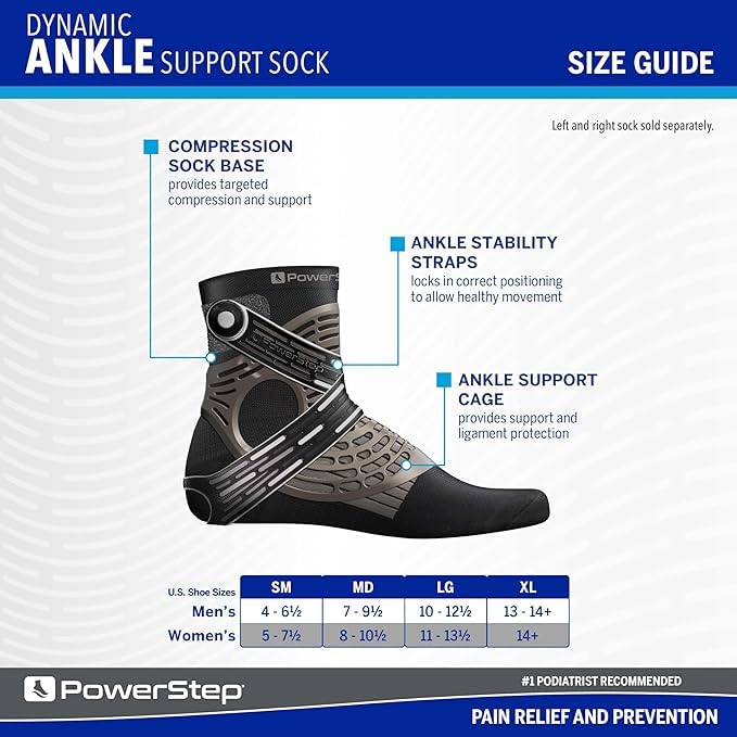 PowerStep Dynamic Ankle Support Sock, Ankle Brace and Ankle Compression Sock, for Flexibility, Ankle Support and Injury Prevention, Pain Relief, Unisex (Right Medium, Men's 7-9.5, Women's 8-10.5) - Image 3