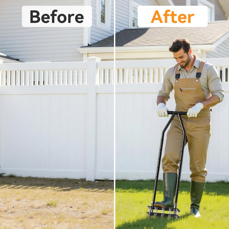 Josmimic Knee-Friendly Manual Lawn Aerator Tool - 15 Heavy-Duty Steel Spikes,Spring-Loaded Auto-Clean Design, Pre-Assembled for Soil Loosening & Lawn Health, Garden/Yard Aeration Tool - Image 4