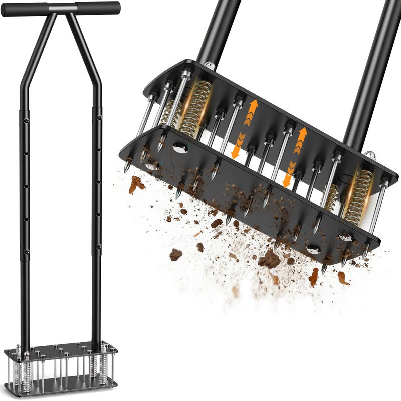 Josmimic Knee-Friendly Manual Lawn Aerator Tool - 15 Heavy-Duty Steel Spikes,Spring-Loaded Auto-Clean Design, Pre-Assembled for Soil Loosening & Lawn Health, Garden/Yard Aeration Tool - Image 1