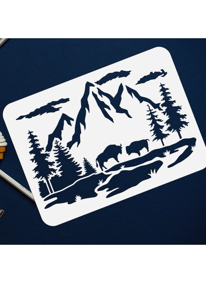 FINGERINSPIRE FINGERINSPIRE Mountain Tree Bison Family Stencil 8.3x11.7inch Reusable Mountain Forest Stencil for Painting Bison Drawing Stencil Animal Plants Stencil for Painting on Wall Wood Fabric Furniture  - Image 3