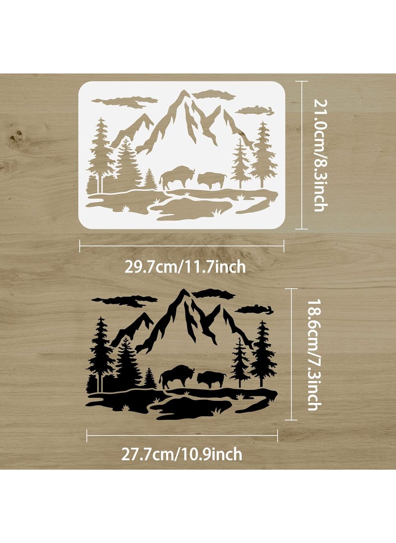 FINGERINSPIRE FINGERINSPIRE Mountain Tree Bison Family Stencil 8.3x11.7inch Reusable Mountain Forest Stencil for Painting Bison Drawing Stencil Animal Plants Stencil for Painting on Wall Wood Fabric Furniture  - Image 2