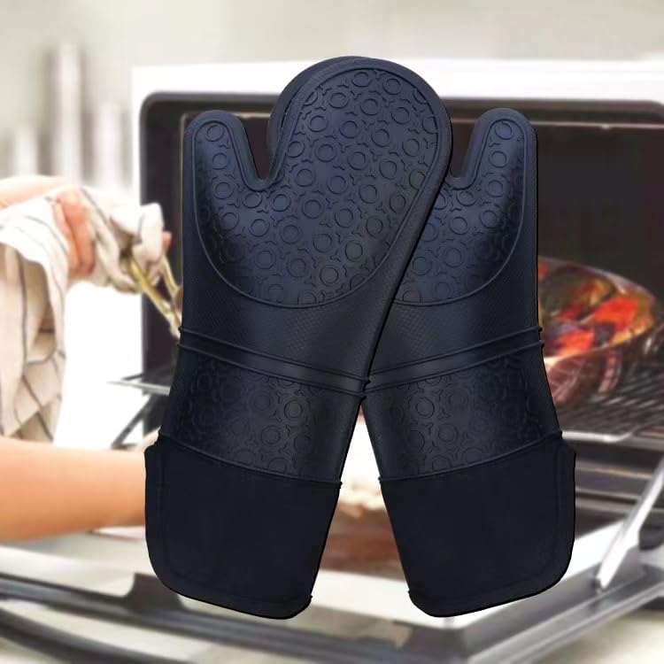 Ruixincc Kitchen Silicone Oven Gloves - Heat-Resistant, Anti-Skid, Waterproof (13 Inch, Black) - Image 2