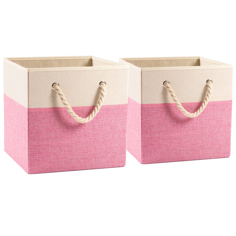 PRANDOM Large Foldable Cube Storage Bins 13x13 inch 2Pack Fabric Linen Storage Baskets Cubes Drawer with Cotton Handles Organizer for Shelves Nursery Closet Bedroom Pink