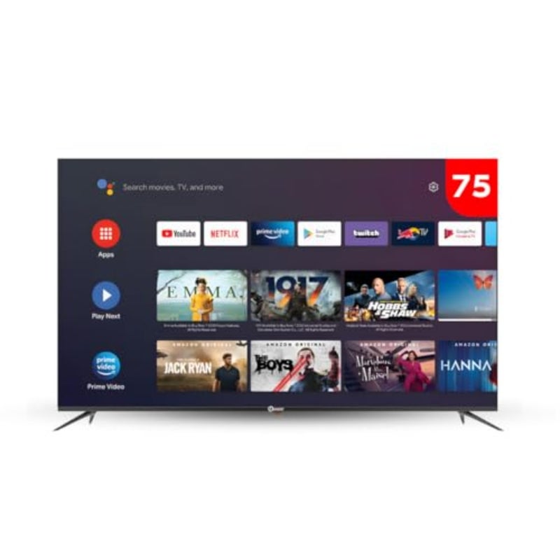 75 inch Android 13 TV for living room, metal frame, black, ultra-slim design with 4K HDR and voice control - Image 1