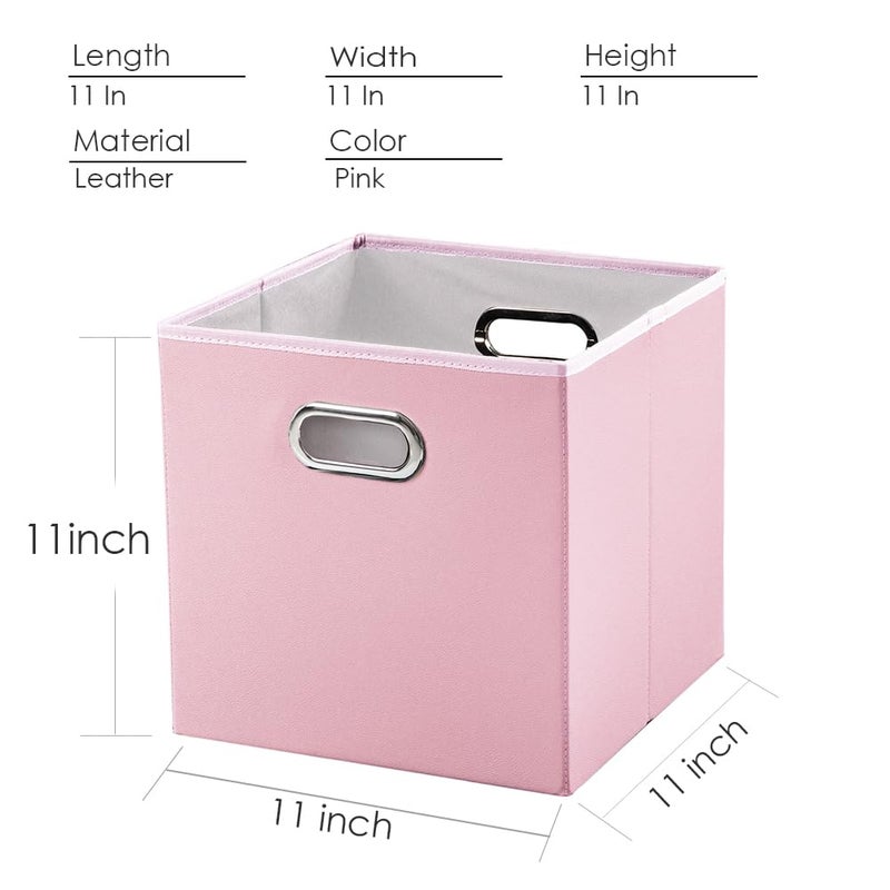 PRANDOM Leather Foldable Cube Storage Bins 11x11 inch [4-Pack] Fabric Storage Baskets Cubes Drawer with Cotton Handles Organizer for Shelves Nursery Closet Bedroom Clothes Pink - Image 4