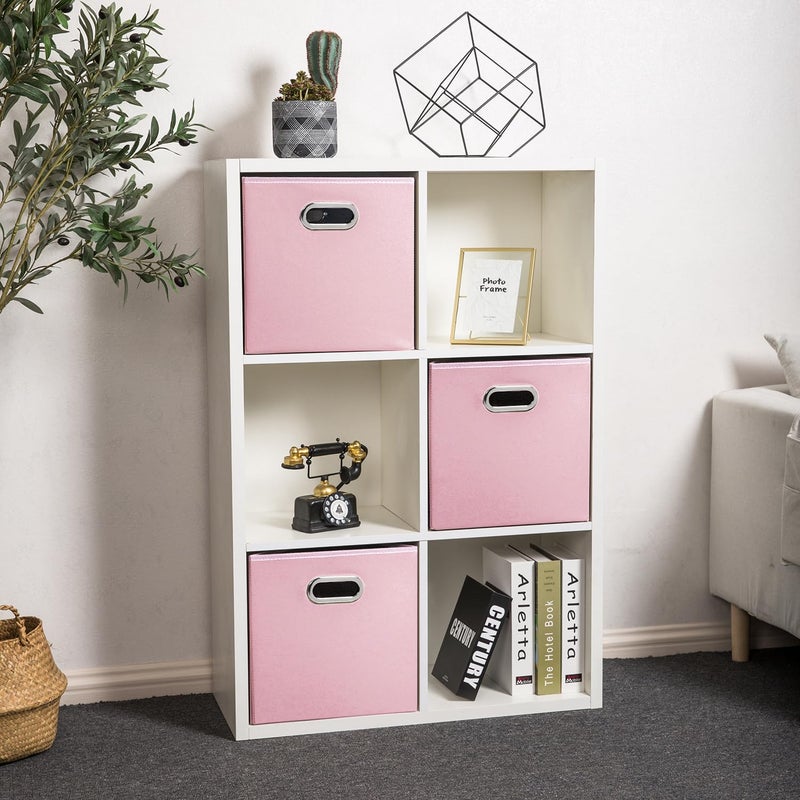 PRANDOM Leather Foldable Cube Storage Bins 11x11 inch [4-Pack] Fabric Storage Baskets Cubes Drawer with Cotton Handles Organizer for Shelves Nursery Closet Bedroom Clothes Pink - Image 1