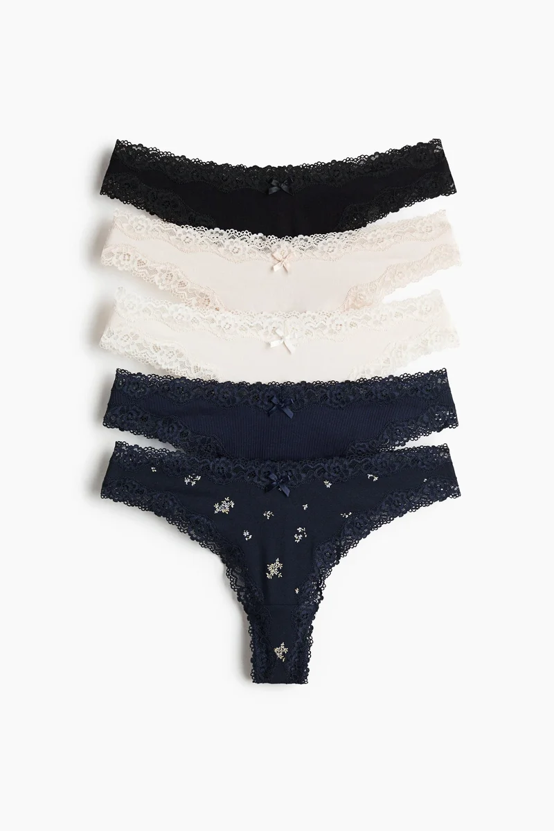 5-pack cotton and lace Brazilian briefs