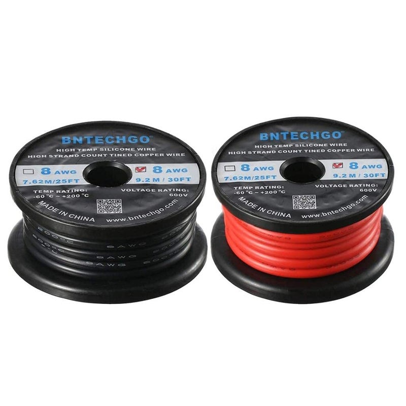 BNTECHGO 8 Gauge Silicone Wire Spool Red and Black Each 30ft Flexible 8 AWG Stranded Tinned Copper Wire - Image 1