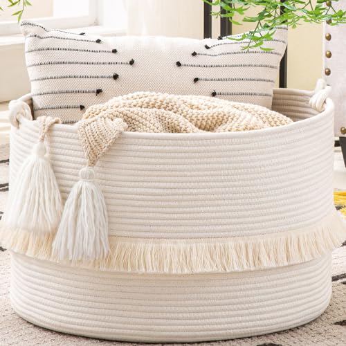 KAKAMAY Large Blanket Basket 20x13Woven Baskets for storage Baby Laundry Hamper Cotton Rope Blanket Basket for Living Room Laundry Nursery Pillows Baby Toy chest White