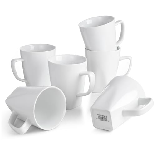WishDeco White Coffee Mugs Set of 6, Ceramic Coffee Cups 14 oz, Modern Tea Mugs, Porcelain Tea Cups, Large Mug for Latte, Cappuccino, Milk, Juice, Cocoa, Square Bottom, Microwave and Dishwasher Safe - Image 1