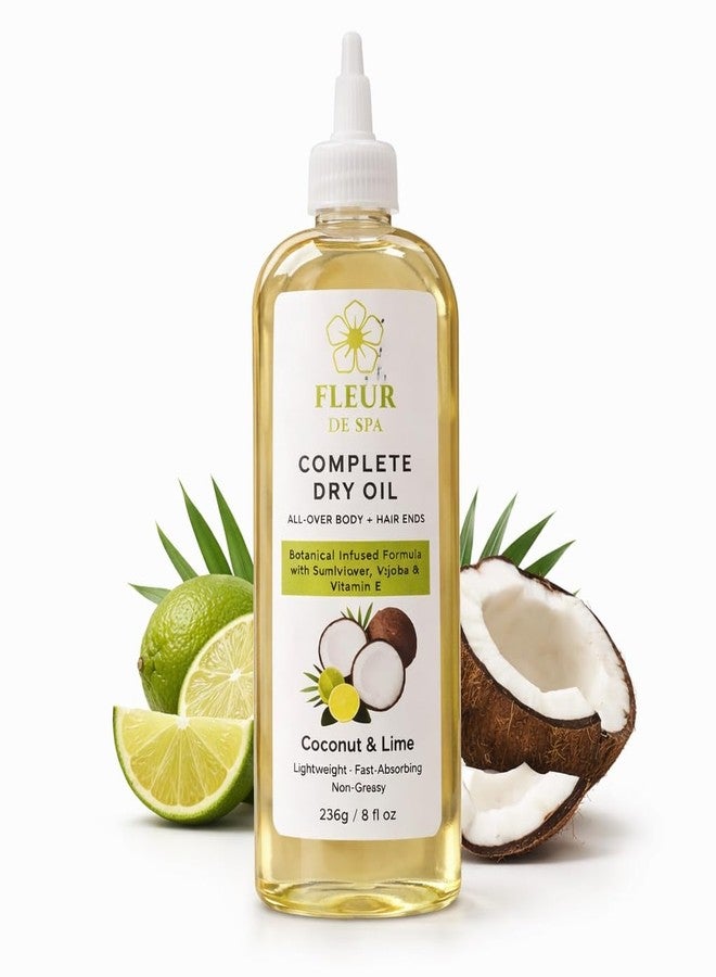 fleur de spa Complete Dry Oil – Coconut & Lime | Lightweight, Fast-Absorbing Body & Hair Oil | Non-Greasy Botanical Hydration with Sunflower, Jojoba & Vitamin E | 8 fl oz - Image 1