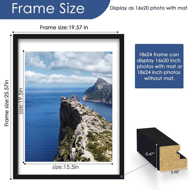 PEALSN 18x24 Poster Frame Set of 6, Display Pictures 16 x 20 with Mat or 18 x 24 without Mat for Wall Mounting Display, poster frames 18 x 24 for Wall Decor, Black - Image 3