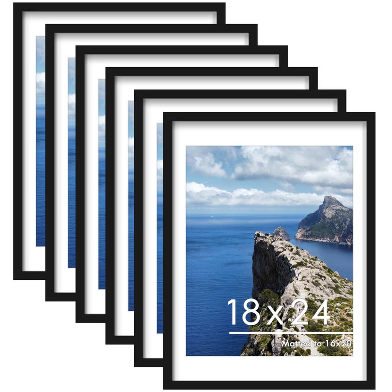 PEALSN 18x24 Poster Frame Set of 6, Display Pictures 16 x 20 with Mat or 18 x 24 without Mat for Wall Mounting Display, poster frames 18 x 24 for Wall Decor, Black - Image 1