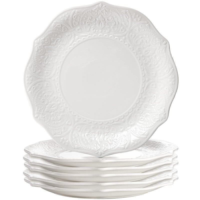 SOUJOY Set of 6 Porcelain Dinner Plate 105 White Dinner Dish Embossed Printing Dinnerware Plate for Dinner Restaurant Family Party and Kitchen Microwave Dishwasher Safe