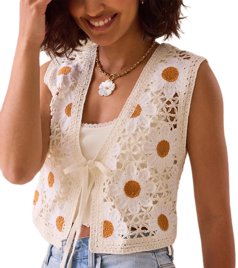 Yojeasrio Women Y2K Crochet Knit Vest Cute Tie Front Tank Top Sleeveless V Neck Crop Hollow Out Vest Sweater Going Out Tops - Image 1