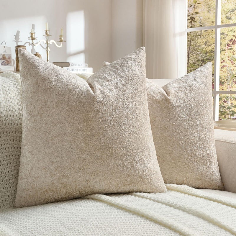 FUTEI Pack of 2 Solid Flannel Throw Pillow Covers 18x18 Inch Soft Crushed Textured Neutral Decorative Cushion Cases Vintage Farmhouse Accent for Couch Living Room Beige - Image 2