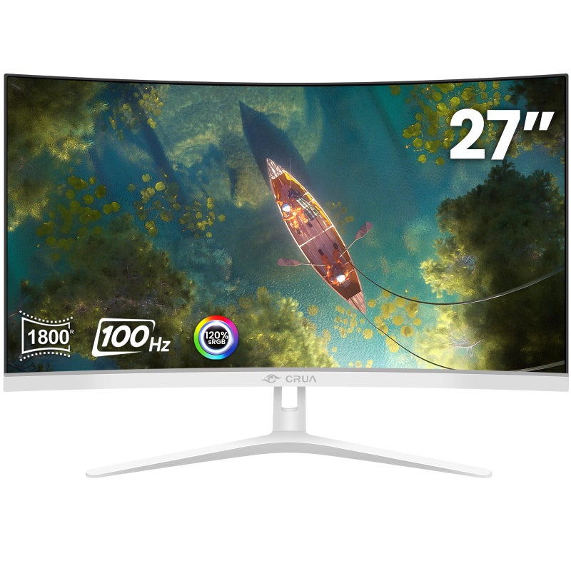 CRUA 27" Curved White Monitor, Full HD(1920x1080P) VA Panel 1800R 100HZ 120% sRGB Professional Computer Monitors, 3Sides Frameless, Flicker-Less,Blue Light Filter, for Office & Gaming (VGA, HDMI) - Image 1