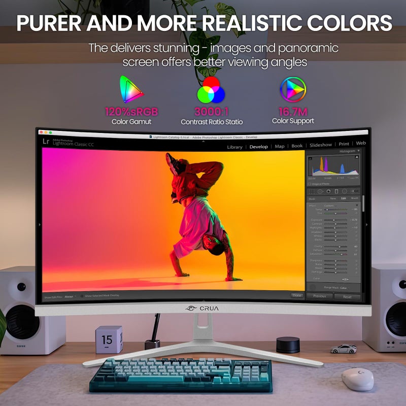 CRUA 27" Curved White Monitor, Full HD(1920x1080P) VA Panel 1800R 100HZ 120% sRGB Professional Computer Monitors, 3Sides Frameless, Flicker-Less,Blue Light Filter, for Office & Gaming (VGA, HDMI) - Image 3