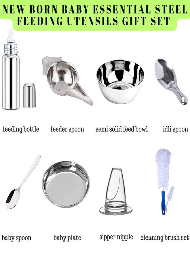 PGD New Born Baby Essential Steel Feeding Utensils Gift Set- Feeding Bottle, Feeder, Bowl, Plate, Idly Spoon, Spoon, Cleaning Brush Set, Sipper and Nipple (300ml Essential Utensils Gift Set) - Image 3