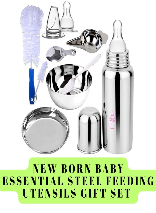 PGD New Born Baby Essential Steel Feeding Utensils Gift Set- Feeding Bottle, Feeder, Bowl, Plate, Idly Spoon, Spoon, Cleaning Brush Set, Sipper and Nipple (300ml Essential Utensils Gift Set) - Image 2