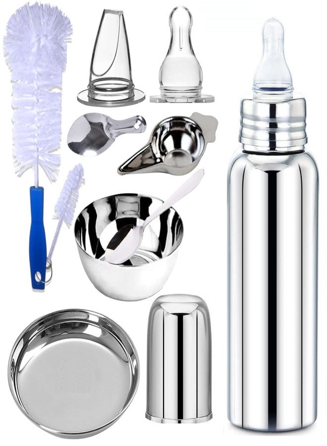 PGD New Born Baby Essential Steel Feeding Utensils Gift Set- Feeding Bottle, Feeder, Bowl, Plate, Idly Spoon, Spoon, Cleaning Brush Set, Sipper and Nipple (300ml Essential Utensils Gift Set) - Image 1