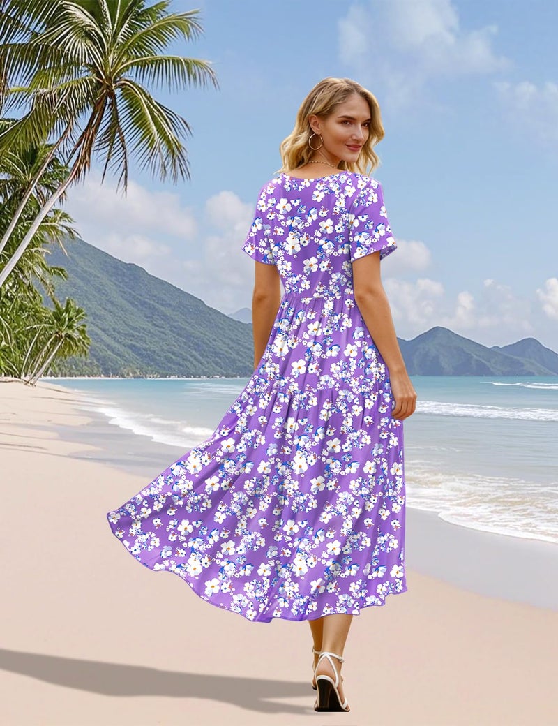 YESNO Women Casual Loose Bohemian Floral Dress with Pockets Short Sleeve Long Maxi Summer Beach Swing Dress 2XL EJF CR345 - Image 5