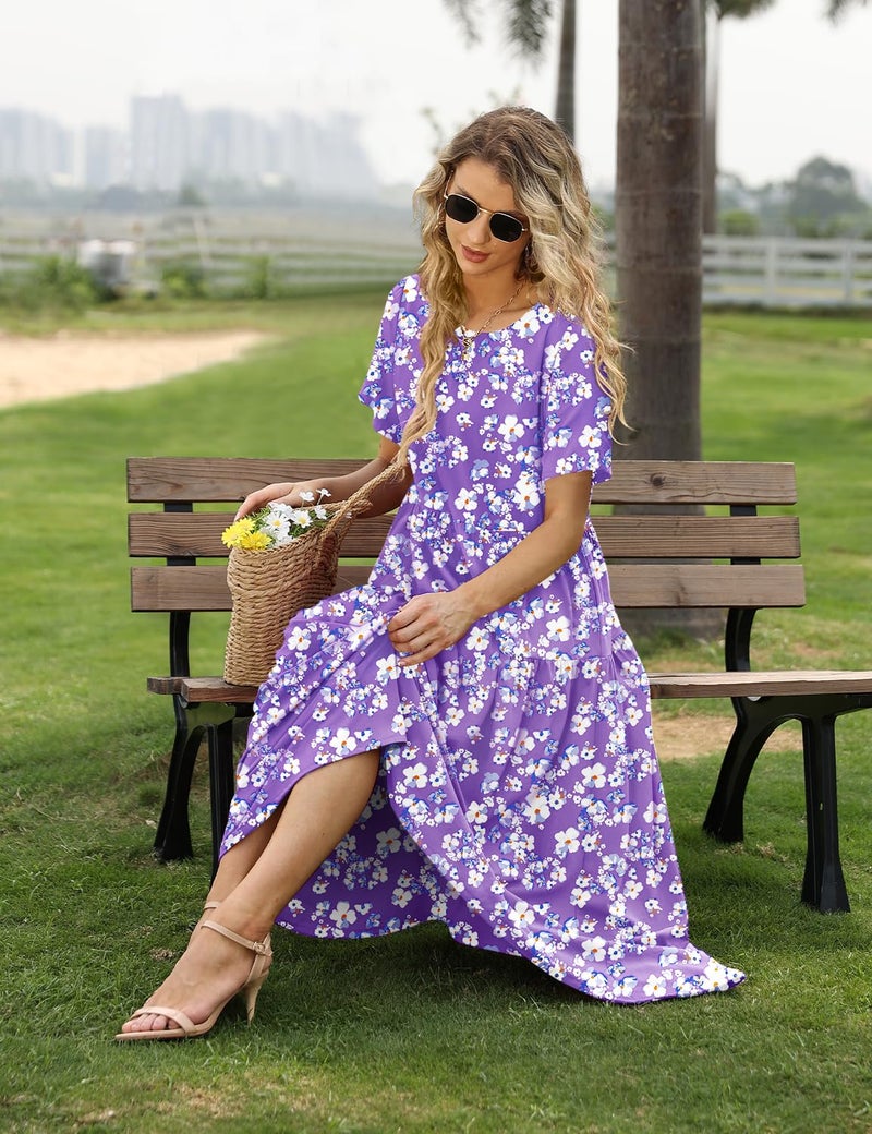 YESNO Women Casual Loose Bohemian Floral Dress with Pockets Short Sleeve Long Maxi Summer Beach Swing Dress 2XL EJF CR345 - Image 2