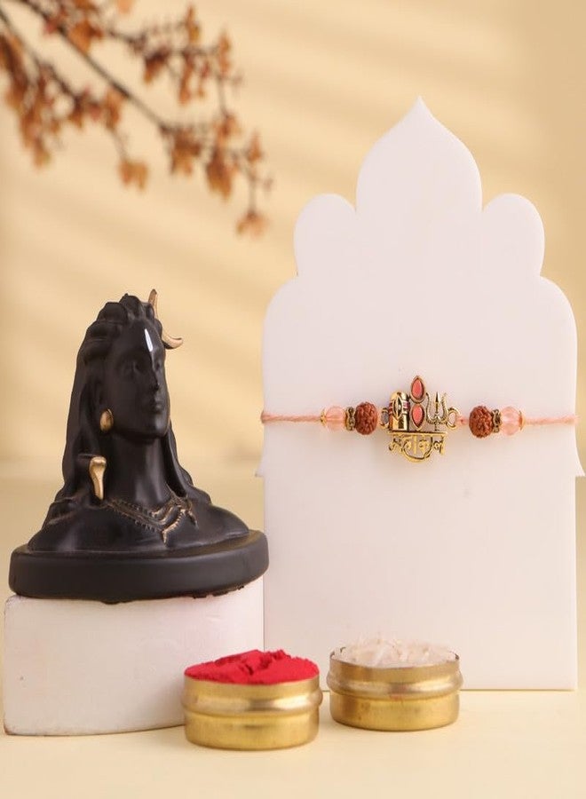 Floweraura احتفال فلاورورا راكشا باندان الفاخر المصنوع يدويًا من ماهاكال بليسنجز شيفلينج رودراكشا تريشول مولي راخي مع تحفة لورد أديوجي أيدول - راخي للأخ وبهاي وراكشا باندان هدية - Image 1