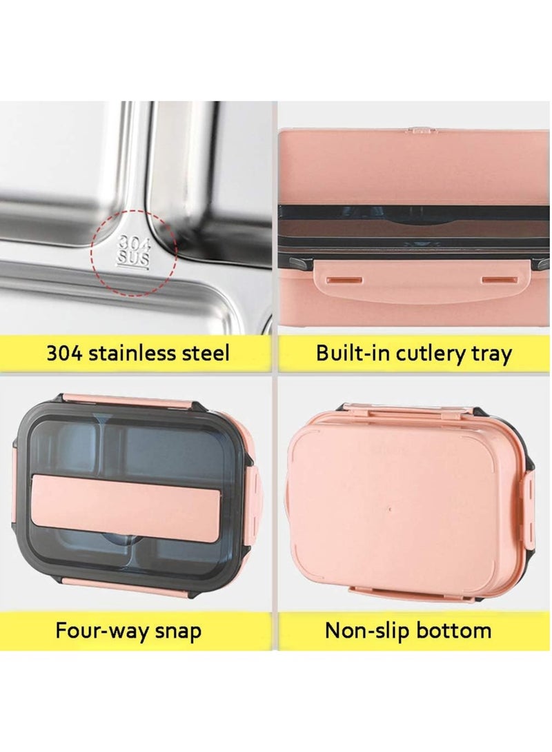 DubaiGallery Stainless Steel Bento Lunch Box With Fork Spoon 4-Compartment Metal Food Pail With Cover That Prevents Leaks & Spills - Image 3