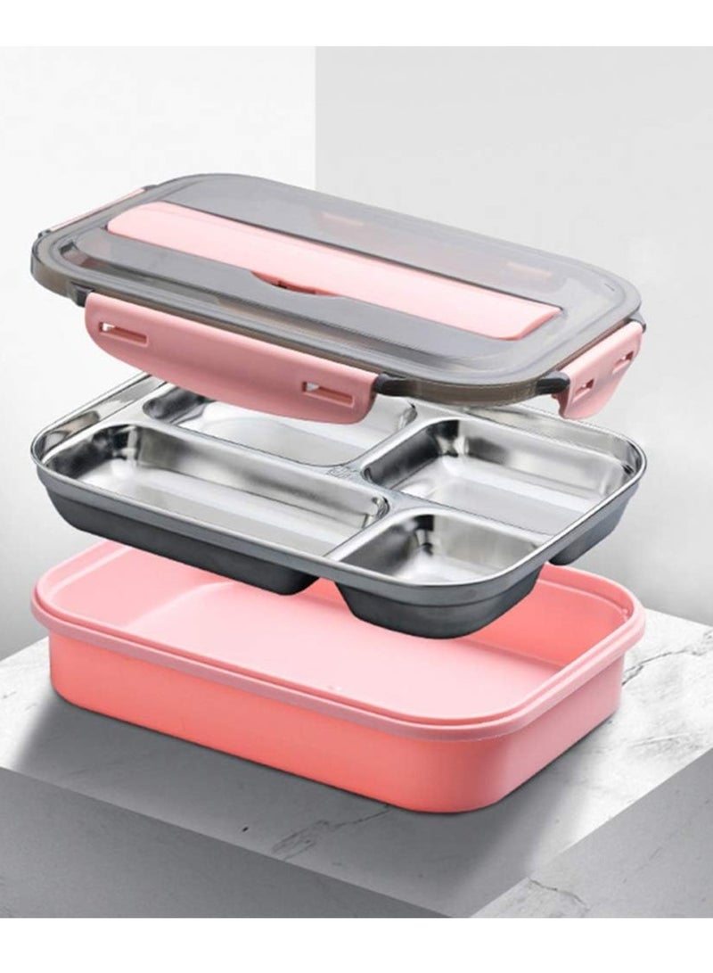 DubaiGallery Stainless Steel Bento Lunch Box With Fork Spoon 4-Compartment Metal Food Pail With Cover That Prevents Leaks & Spills - Image 2