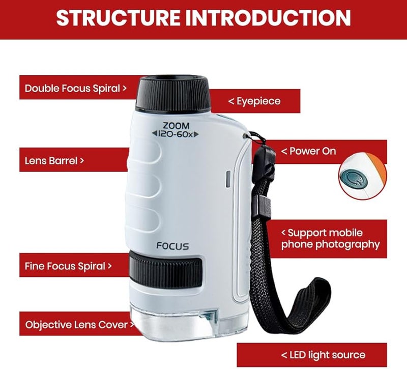 مجهر جيب محمول أصفر للأطفال بتكبير 60x و 120x مع ضوء LED أداة استكشاف علمي محمولة - Image 4