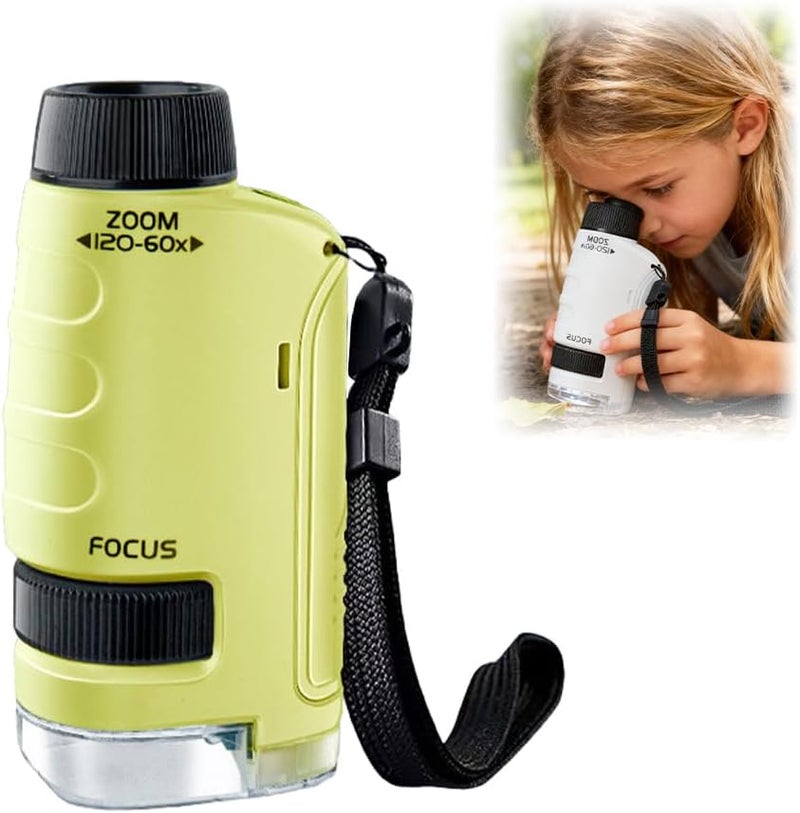 مجهر جيب محمول أصفر للأطفال بتكبير 60x و 120x مع ضوء LED أداة استكشاف علمي محمولة - Image 2