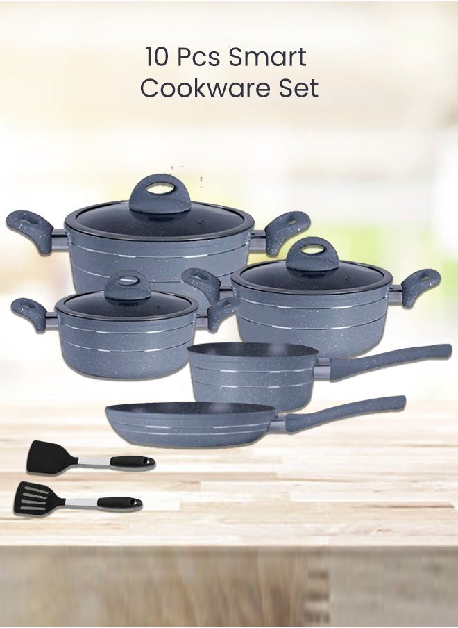 Easy Cook - 10 Pieces Smart Cookware Set | Granite Coated Forged Aluminum Body Tempered Glass Lid With Wide Stainless Steel | Dark Grey - Image 1